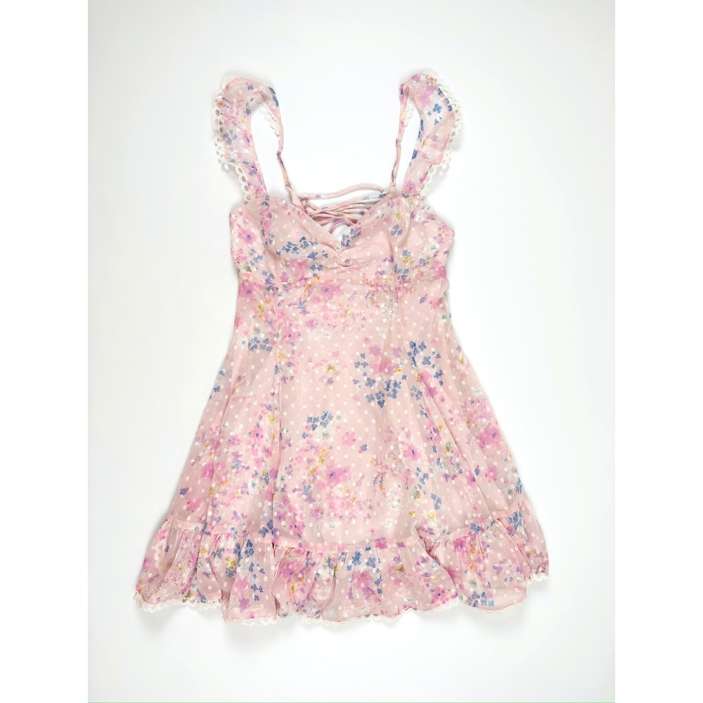 Lucy In The Sky Cindi Floral Dotted A-Line Dress Pink Size Medium NWT - Picture 2 of 8